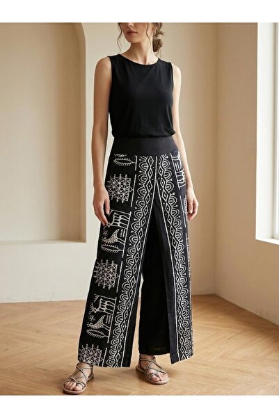 Komana Art El Baskısı Siyah Beyaz Otantik Desenli Geniş Paça Etek Pantolon