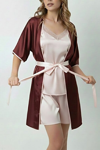 ZENCHES Set de noapte cu mini halat din satin și pantaloni scurți din satin