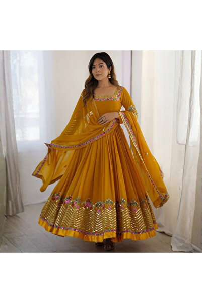 MYSMAR طقم جورجيت أصفر، بلوزة وبنطال وشال - HRT3653 | أصفر