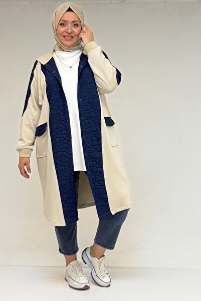 Eslina 53030 Büyük Beden Kapşonlu Cepli Kapitone-Modal Kap - İndigo-Bej