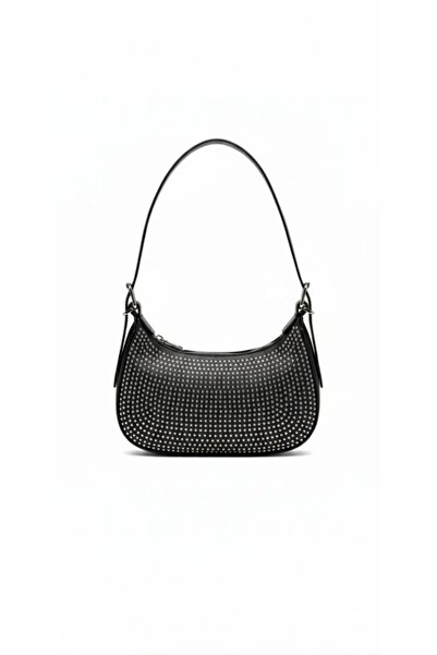 ZEGİ BAGS &MORE حقيبة يد نسائية سوداء يومية مرصعة بالأحجار على شكل باجيت