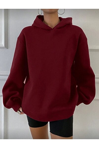 DEZZİİ Burgundy Plain Hooded Oversized Sweatshirt