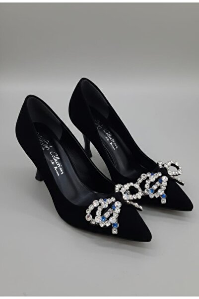 ŞAH Siyah Süet Taşlı Fiyonk 7cm Topuklu Stiletto Abiye Ayakkabı