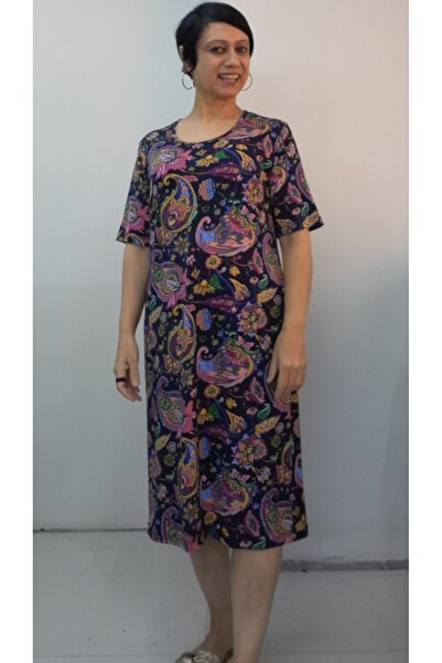 Mertcan Butik Navy Blue Pink Yellow Blue Flower Shawl Pattern Short-Sleeved Combed Viscose Dress