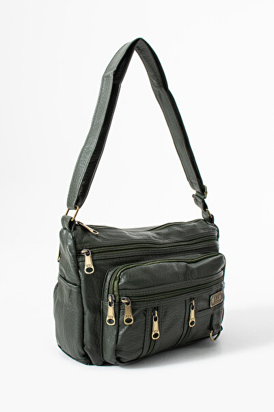 DUOMİNO Green Washed Leather Multi-Pocket Crossbody Bag / Shoulder Bag / Messenger Bag