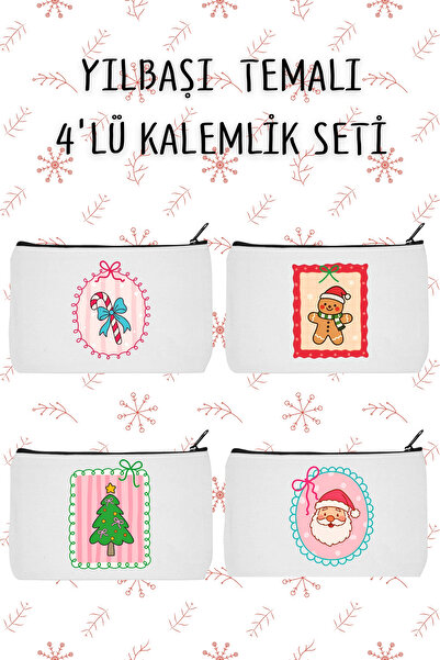 designedfy Yılbaşı 2 Temalı 4'lü Set Makyaj Çantası, Kalemlik Seti
