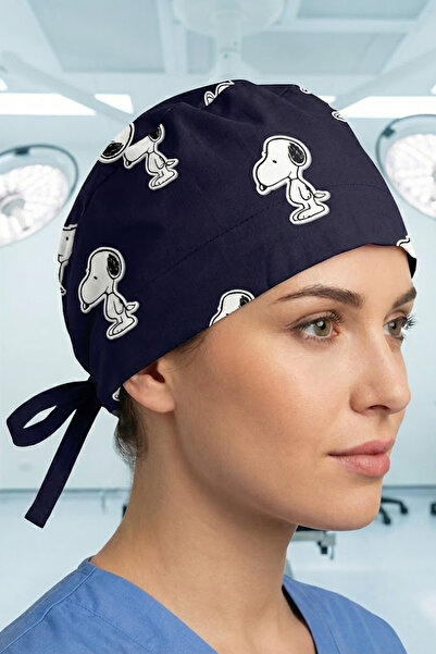 Lion Üniforma Snoopy Lacivert Desenli Unisex Cerrahi Bone Hemşire ve Doktor Bone