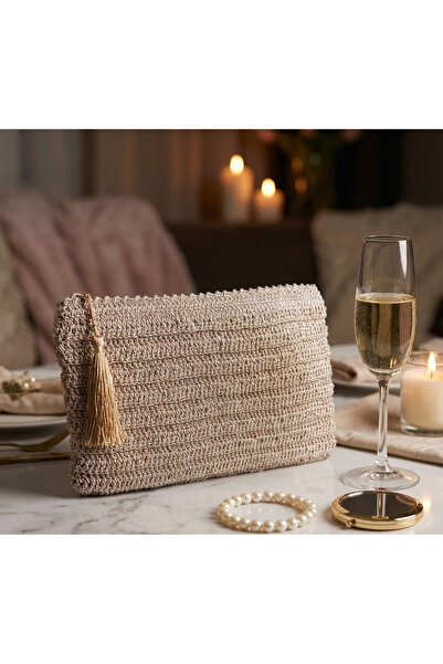 MyBalliStore Makrome İpten El Örgüsü Bej Püsküllü Clutch Çanta