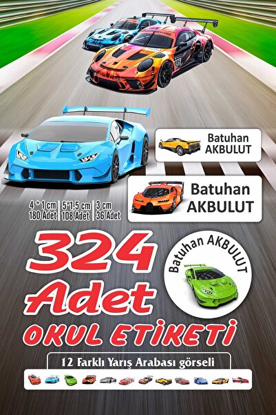 Vice isim Baskılı Defter Kalem Okul Etiketi (324 Adet Yarış Arabaları Temalı ...