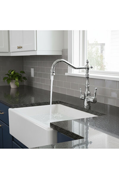 EMFA AKSESUAR Arıtmalı Mutfak Bataryası Krom Evye Musluğu Vintage Rustik Tasa...