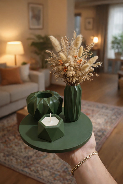 DEREN Dekoratif Biblo Vazo Tepsi Set Aksesuar Hediyelik Ev Yaşam Ofis haki