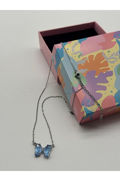 LAYDA Buz Mavi Çelik Kelebek Kolye Gümüş renk Yılbaşı Özel