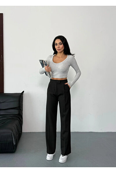 Trn JNS Morena Kadın Yüksek Bel Cırt Cırtlı Cepli Siyah Palazzo Pantolon