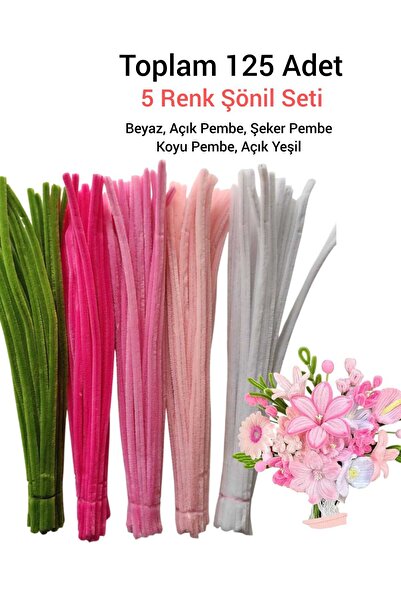 hyc heryerçiçeklenir 5'li Şönil Seti 25 Adet A. Ordu Yeşili, 25 K. Pembe, 25 Şeker Pembe, A.Pembe, 25 Beyaz, Tüylü Tel
