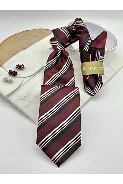 Gutiero Κλασική γραβάτα Claret Red ριγέ με μαντήλι