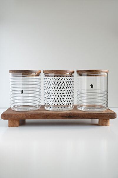 Dekorzdükkan Love 3'Parça Akasya Vakum Kapaklı Borosilikat Cam Kavanoz Seti (800 ml)