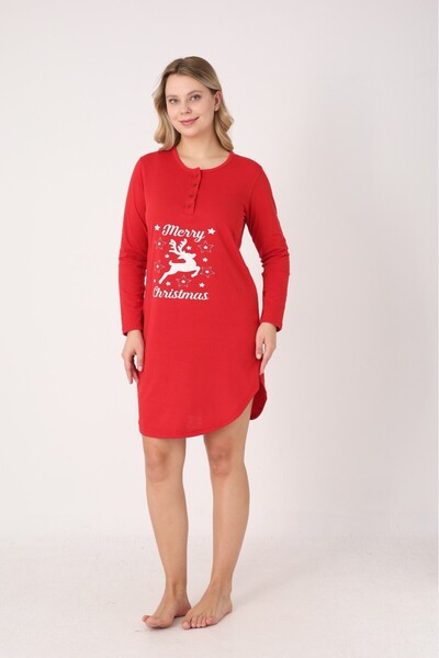Serena Rochie damă Crăciun roșie cu ren „Merry Christmas”, mânecă lungă și nasturi la decolteu
