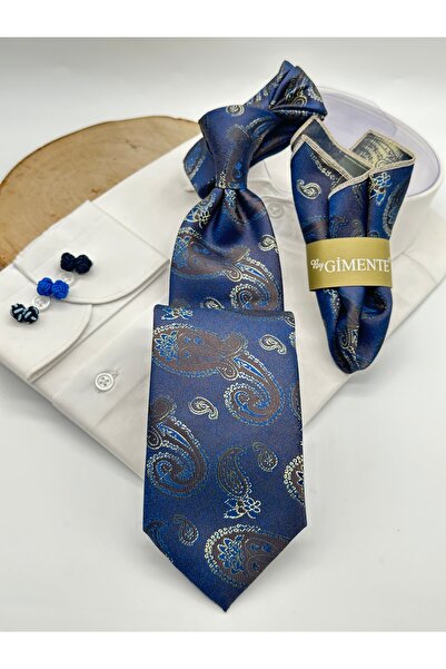 Gutiero Navy Blue Brown Shawl Patterned Classic Tie with Handkerchief