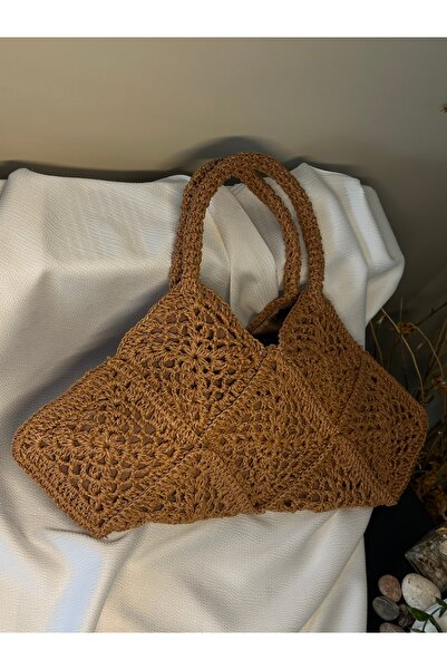 Store Hasır Motifli Örme Kahverengi Çanta