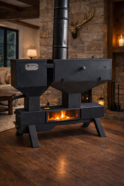 Biosan Fırınlı Kuzineli Pelet Sobası Yemek Pişirme Hazneli Kamp Çadır Isıtıcısı Antrasit Çelik