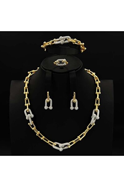 Generic طقم زيركون فضي مكس ذهبي أنيق بإصدار خاص دقة الماس 5 قطع بضمان على اللون