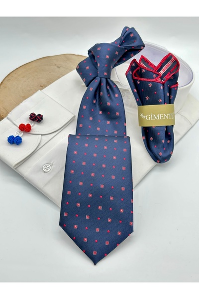 Gutiero ربطة عنق كلاسيكية باللون الأزرق الداكن مع منديل منقط باللون الأحمر