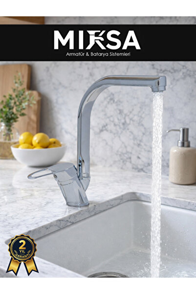 MİXSA Balıksırtı Borulu Mutfak Eviye Bataryası, Musluğu, Çeşmesi Çift Su Girişli