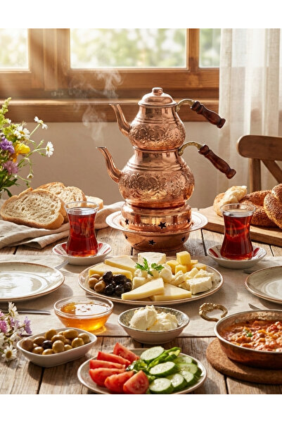 TRENDÜSTRİYEL Bakır Çaydanlık Takımı Reşo'lu İşlemeli