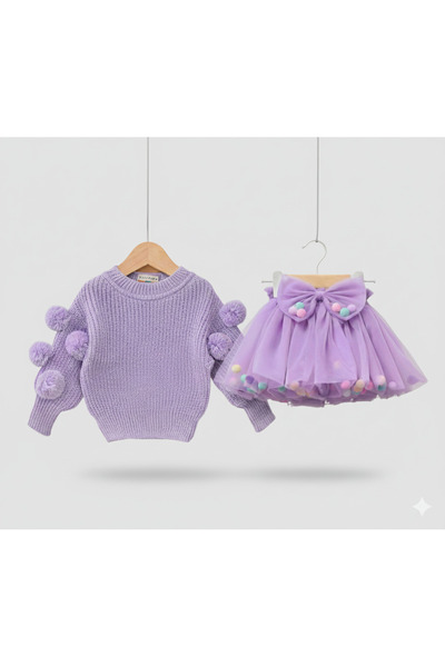 kokosh _ kidss burcu sapmaz Kız çocuk ponponlu triko kazak ve ponponlu tütü etek