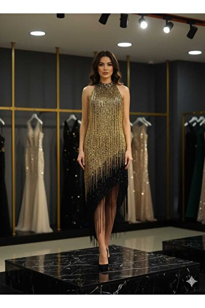 Zeyn KADIN ABİYE SAÇAK VE BONCUK DETAYLI MİDİ BOY ELBİSE