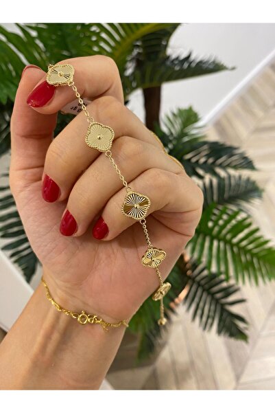 Store Yonca Figürlü 5 Sıralı Özel İşlemeli 925 Ayar Gümüş Üzeri Altın Kaplama