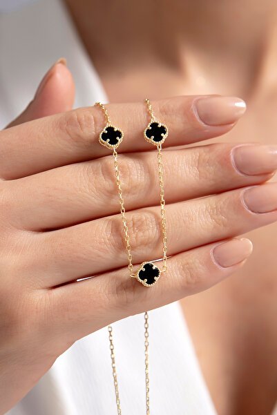 SARIASLAN Siyah Taşlı Dört Yaprak Yonca Gümüş Kolye 14 Ayar Altın Rengi