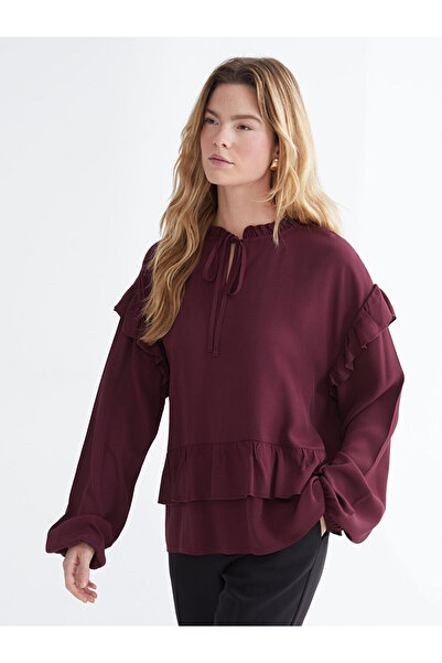 LC Waikiki Burgundy Tie Neck Oversized Ruffled Blouse