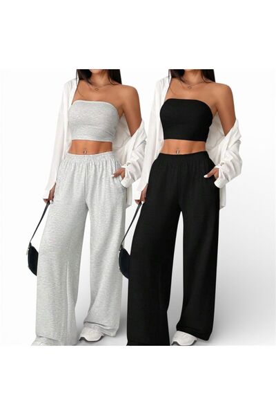 Le Vion 2 τεμάχια Γυναικεία Μαύρα + Γκρι Παντελόνια Μεγάλου Μεγέθους Φαρδιά Π...