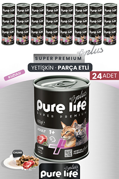 PureLife Plus 24'lü Kuzulu Yetişkin Kedi Chunk Konserve Parça Etli Yaş Mama 4...