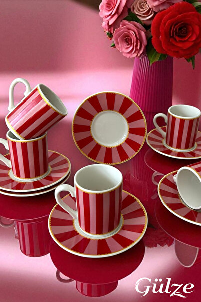 GÜLZE 6 Kişilik (12 Parça) Altın Reyyan Model İnce Porselen Kahve Fincan Takı...