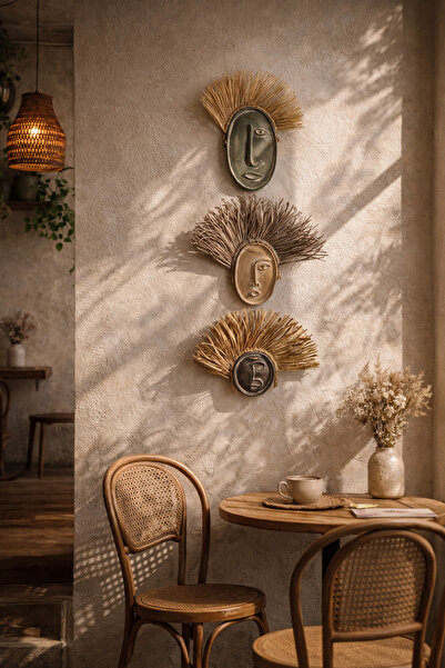 Momiko Bohem Yüzler Serisi – El Yapımı Hasır & Beton Duvar Dekoru