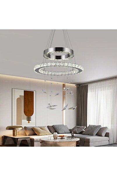 OEM LED Pendant Chandelier with Remote and Crystal 37W, 2 Rings, Cool/Warm/Neutral, Dimmable, Glossy Chr