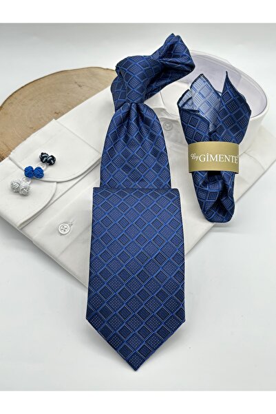 Gutiero Κλασική γραβάτα με μαντήλι με μπλε ναυτικό σχέδιο
