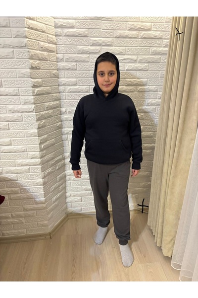 serkertaş Тъмносиня унисекс суитшърт с качулка и подплата от шерпа, 3-слойна