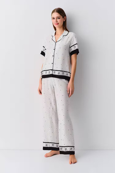 DREAM FASHION Ecru Patterned Monogram Shirt Collar Pajama Set