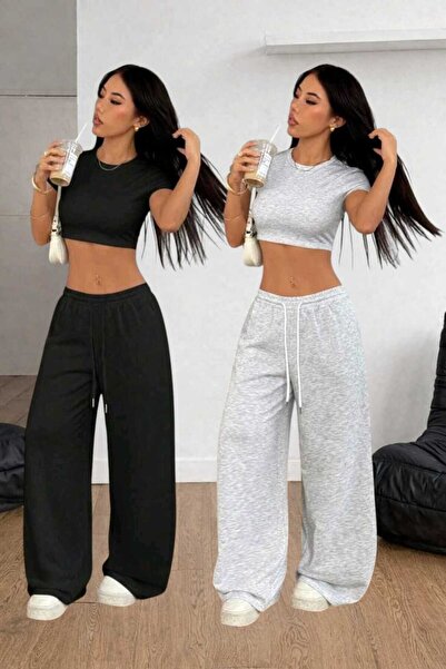 Le Vion Women's Baggy Two-Piece Black Gray Loose Slothing Sweatpants
