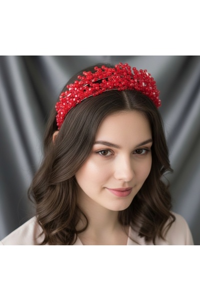 BagsMadame تاج أحمر من اللؤلؤ والكريستال، إكسسوار شعر للعروس، تاج للزفاف والخ...