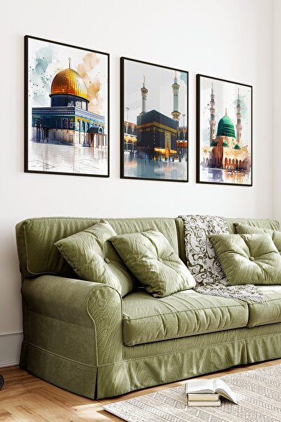 kutuTR Siyah Çerçeveli 2D UV Baskı 3’lü MDF Tablo Set –Kâbe, Mescid-i Aksa ve...
