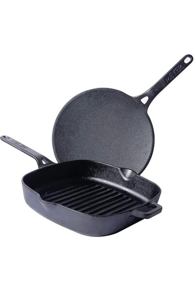 Meyer طقم أواني طهي من الحديد الزهر مكون من قطعتين - مقلاة روتي تاوا من الحديد الزهر مقاس 26 سم + شواية من الحديد الزهر مقاس 25 سم