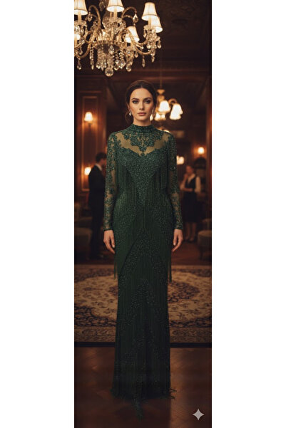 Zeyn KADIN ABİYE SAÇAK VE BONCUK DETAYLI UZUN ELBİSE