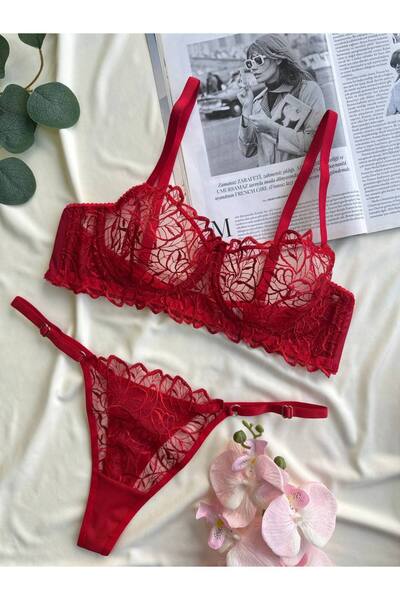 Fanwet Women's Tulle Leaf Pattern Bralette Bra Thong Underwear Set