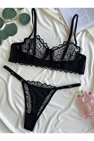 Fanwet Women's Tulle Leaf Pattern Bralette Bra Thong Underwear Set