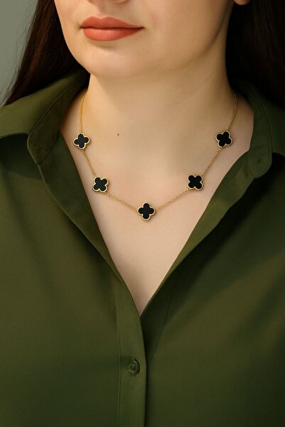 rycollections طقم قلادة وأقراط وخاتم من الفولاذ 316L بتصميم البرسيم الأسود