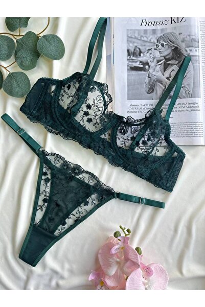 Fanwet Women Tulle Floral Bralet Bra Thong Lingerie Set